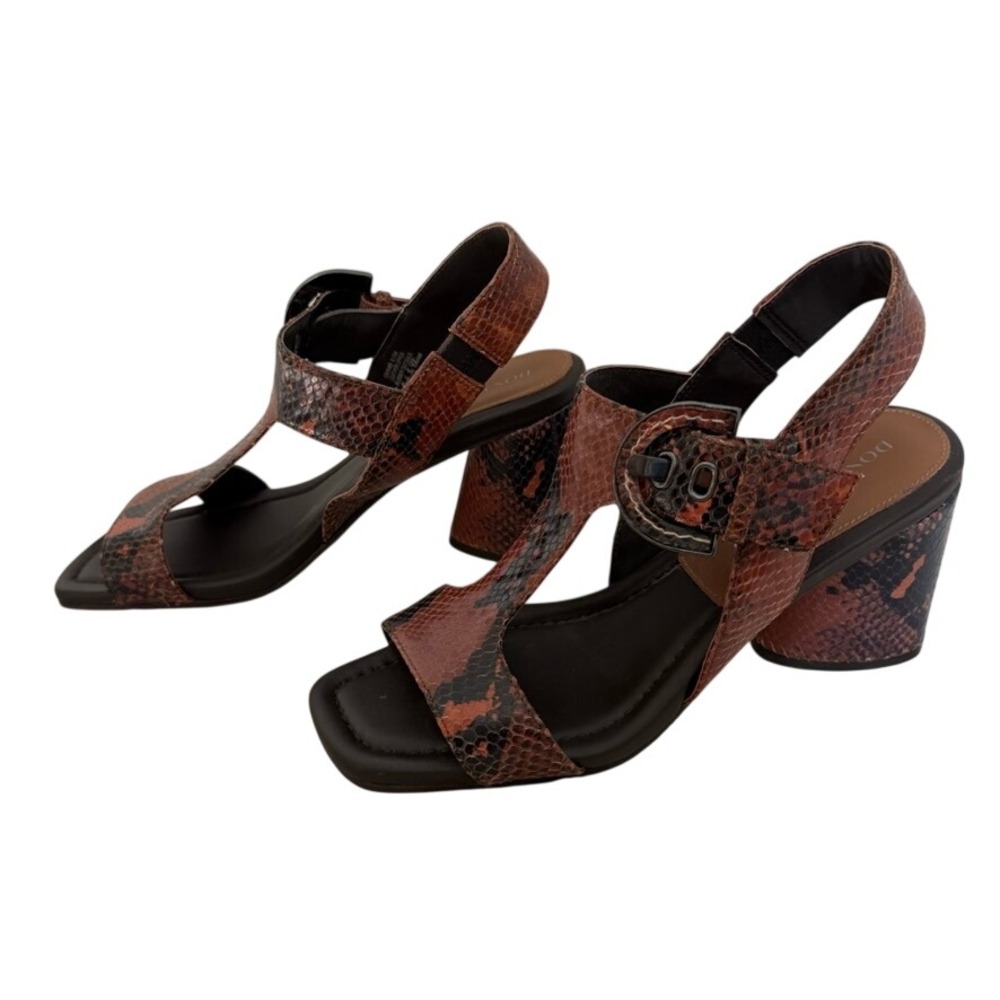 Donald Pliner Strappy Heels Women 8.5 Brown Snakeskin Leather Block Heel Sandals